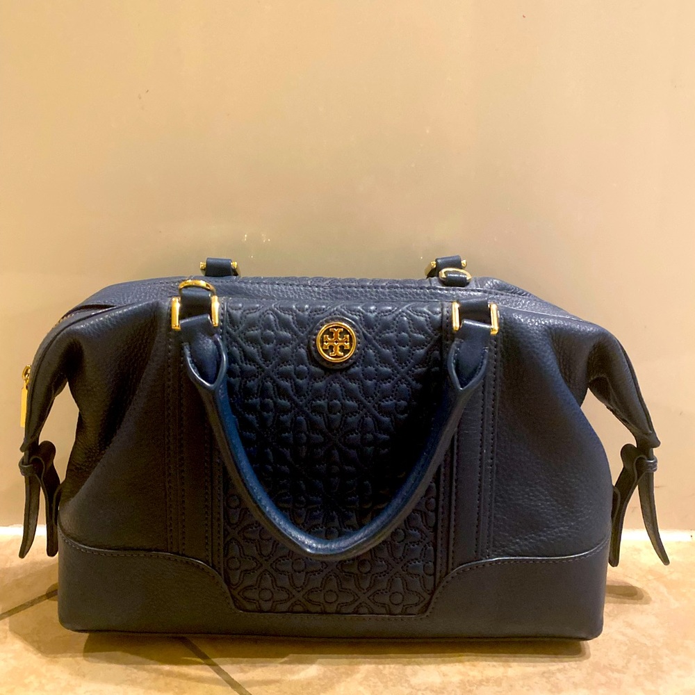 Tory Burch Navy Blue Quilted Satchel with Gold Hardware